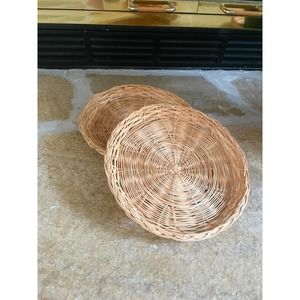 Vintage Bamboo Rattan Round Paper Plate Holders Set of 2